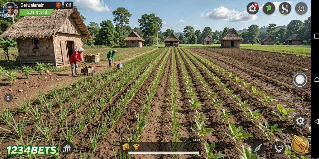 Screenshot gameplay 1234BETS yang menampilkan kebun yang subur.