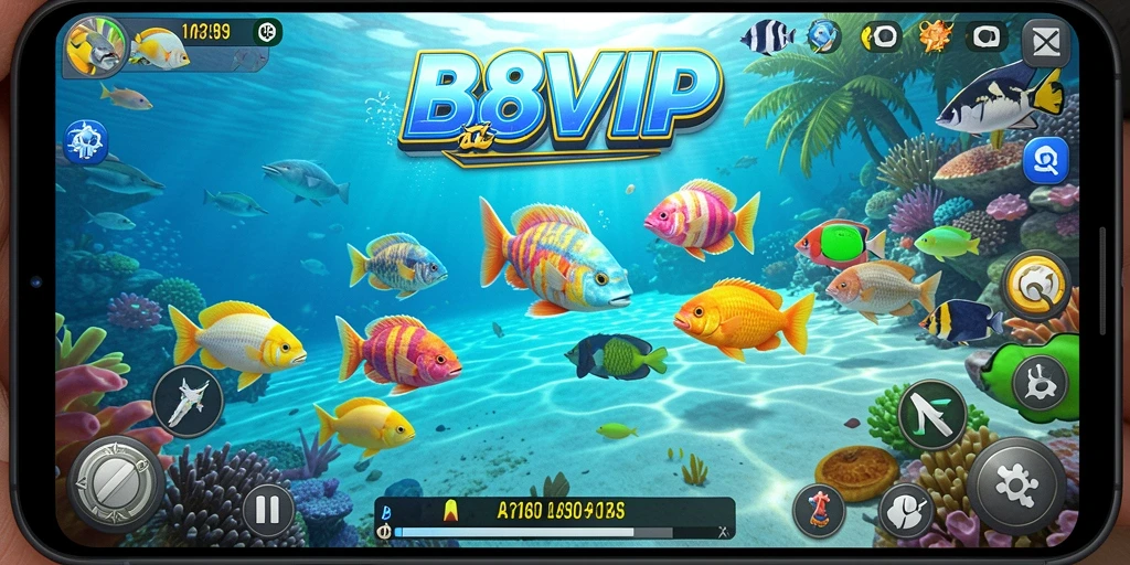 Tampilan gameplay B8VIP dengan penembakan ikan yang seru.