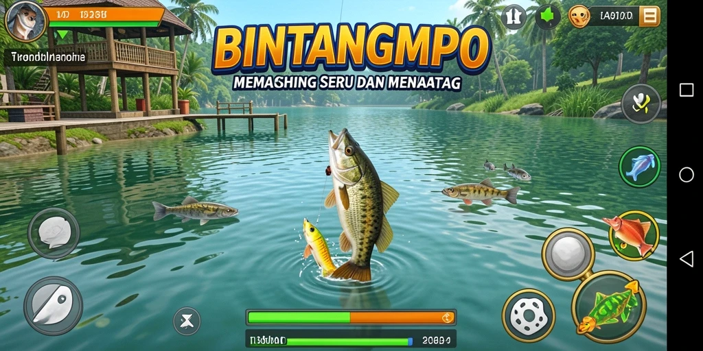 Tampilan gameplay BINTANGMPO saat memancing dengan berbagai ikan.