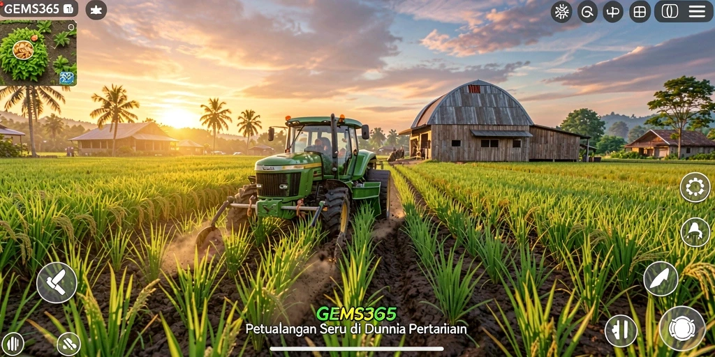 Screenshot utama GEMS365 menampilkan gameplay seru dengan ladang yang hijau dan beragam tanaman.