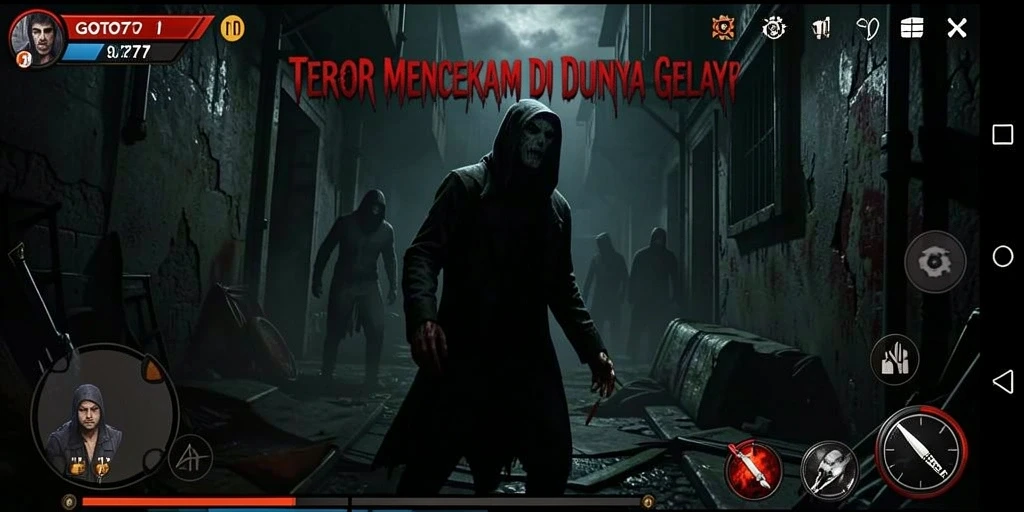 Screenshot gameplay GOTO77 menampilkan suasana mencekam dan misterius.
