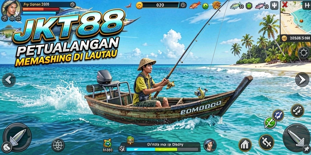 Tampilan screenshot JKT88 menampilkan aksi memancing seru di lautan yang indah.