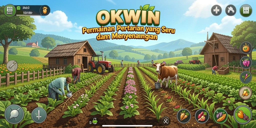 Screenshot utama OKWIN menampilkan gameplay yang menarik dalam pertanian.