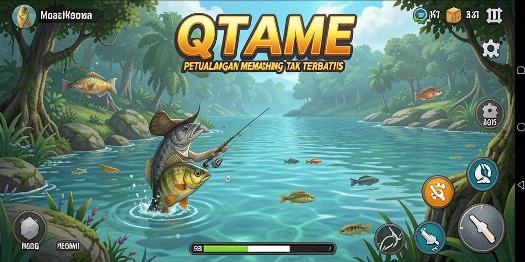 Tampilan gameplay QTGAME dengan berbagai jenis ikan dan lokasi memancing.