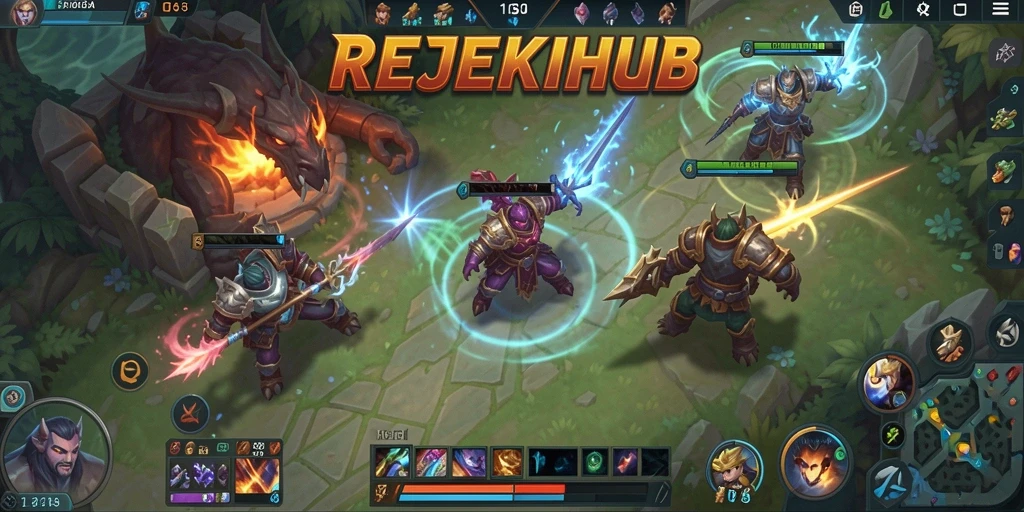 Screenshot gameplay MOBA yang intens di REJEKIHUB.