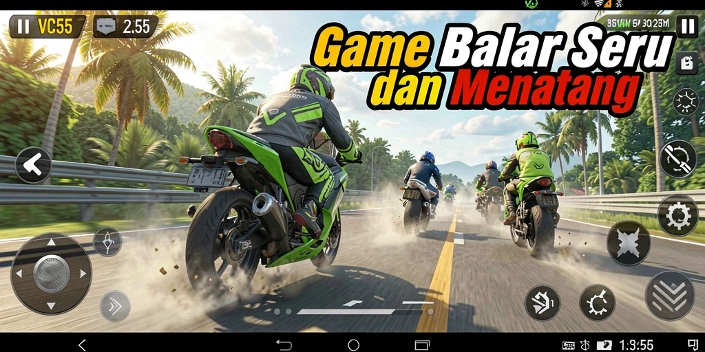 Tangkapan layar utama VC55 menampilkan aksi balap motor yang mendebarkan.